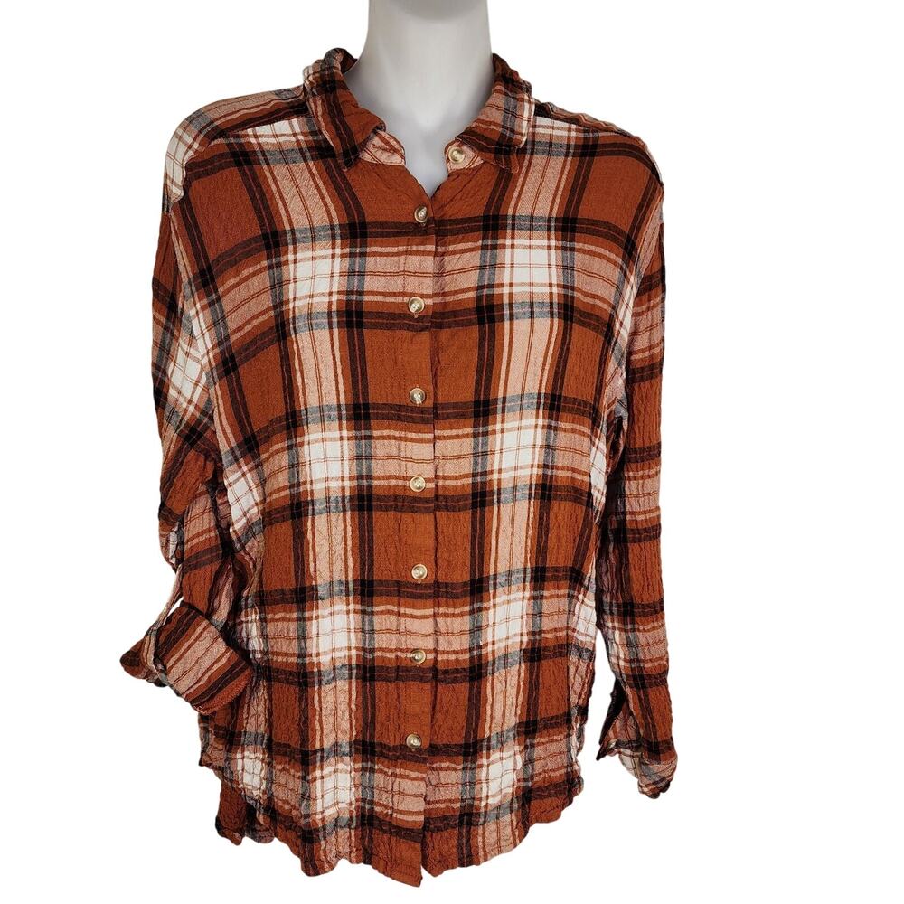 Jane and Delancey Women Shirt Plaid Button Long Tab Sleeve Orange Crinkle Medium